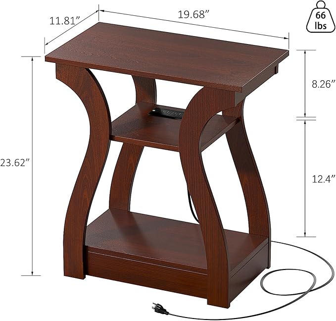 End Tables Living Room Set of 2,Cherry End Table with Charging Station,Side Table, Nightstand for Bedroom, 3 Tier End Table with Storage Shelf for Living Room(Cherry)-Ruum Studio Home