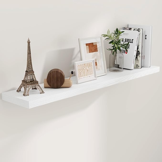 55 Inch Floating Shelves White, Rustic Wood Floating Shelf Wall Mounted, 9 Inch Deep Floating Shelf for Kitchen, Bedroom, 55 x 9 Wall Shelves for Home Storage, Set of 1-Ruum Studio Home