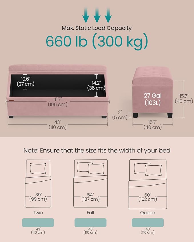 SONGMICS Velvet Storage Ottoman Bench, Foot Rest with Legs, 15.7 x 43 x 15.7 Inches, End of Bed Bench, Storage Chest, Load up to 660 lb, for Living Room, Bedroom, Entryway, Jelly Pink ULSF089R01-Ruum Studio Home