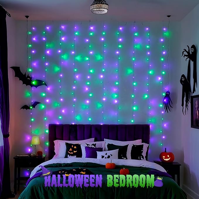 JMEXSUSS 300LED Halloween Curtain Lights with Remote, 9.8x9.8ft Halloween Lights Plug in, Christmas Twinkle Hanging String Light for Bedroom Wall Window Backdrop Indoor Outdoor Decor, Purple and Green-Ruum Studio Home