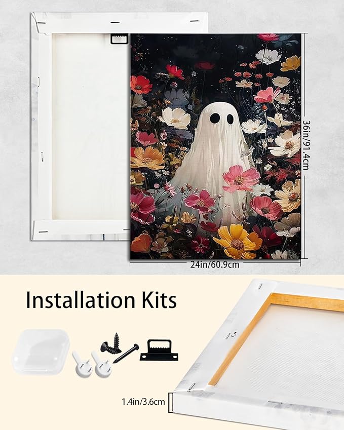 Halloween Canvas Wall Art,Vintage Cute Ghost & Wildflowers Framed Poster, Spooky Fall Decorations for Indoor, Gothic Dark Academia Wall Decor, Funny Halloween Decorations for Living Room Bedroom-Ruum Studio Home