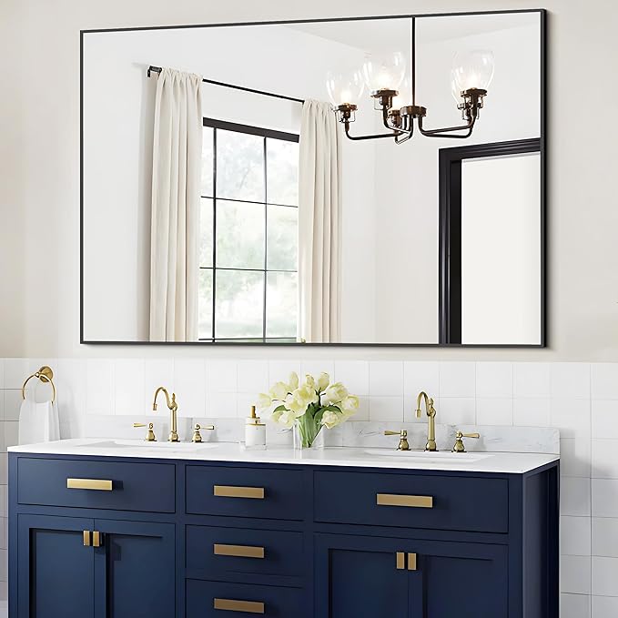 Black Bathroom Mirror, 48"X36" Rectangle Mirrors for Wall Metal Frame, Modern Vanity Wall Mirror for Bathroom Living Room, Entryway Hangs Horizontal or Vertical-Ruum Studio Home