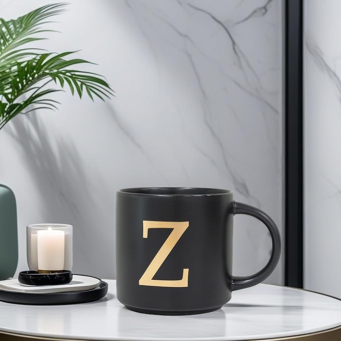 COLLECTIVE HOME - Monogram Ceramic Mugs, 15 oz Golden Initial Black Coffee Cups, Elegant Alphabet Tea Mugs, Elegant Personalized Mug with Gift Box, Unique Mug with Double Side Capital Lette (Z)-Ruum Studio Home