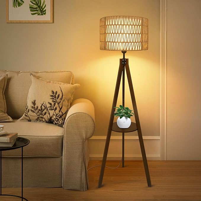 Boho Tripod Floor Lamp with Shelves, Mid Century Wood Standing Lamp with Rattan & Fabric Shades, ON/Off Foot Switch, Modern Farmhouse Tall Floor Lamps for Living Room Bedroom Office-Ruum Studio Home