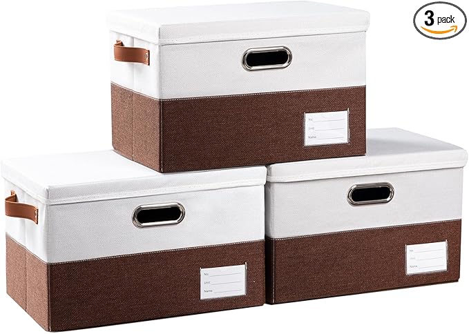 PRANDOM Foldable Storage Bins with Lids [3-Pack] Fabric Collapsible Storage Boxes Baskets Cubes Containers with Handles for Closet Living Room Bedroom (Brown & White 14.9x9.8x9.8'')-Ruum Studio Home