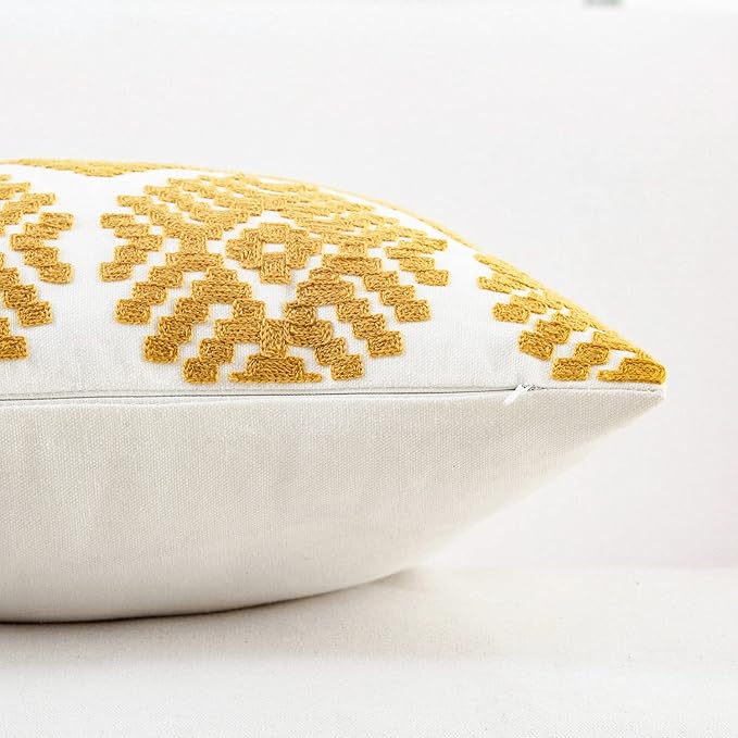 HWY 50 Mustard Yellow Decorative Throw Pillow Covers 18x18 Inch, Pack of 2 Embroidered Cotton Farmhouse Cushion Cover Pillow Case for Sofa Couch Living Room Bed Bedroon, Modern Diamond Geometric-Ruum Studio Home