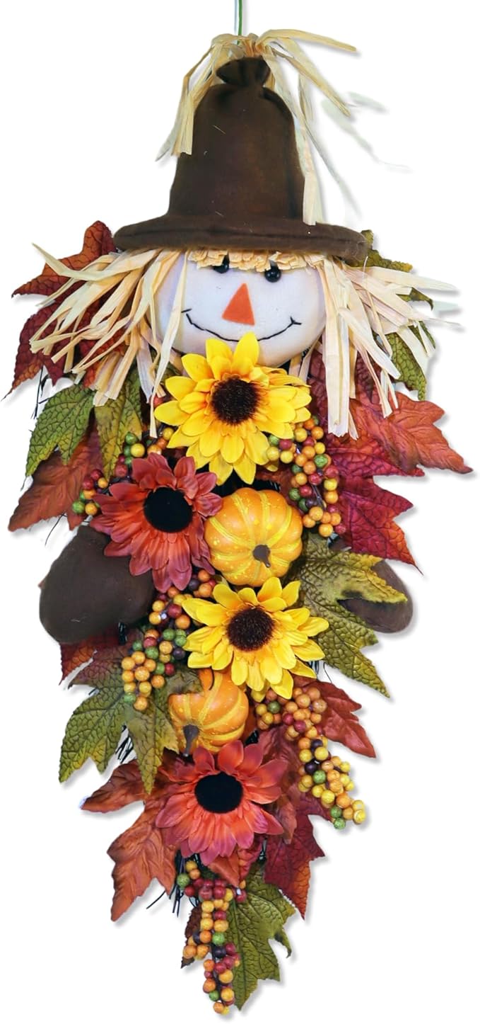 24" Rustic Fall Scarecrow Teardrop Swag – Farmhouse Sunflower & Pumpkin Wreath – Autumn Harvest Hanging Decor for Front Door, Wall, Porch, Indoor/Outdoor-Ruum Studio Home