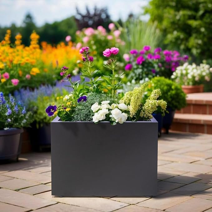 Metal Planter Box Rectangular Block-No Installation Required Galvanized Steel Long Box Planter Modern Outdoor Planters All-Weather Use with Drainage Holes for Patio/Porch,16 ×12×12IN-Ruum Studio Home