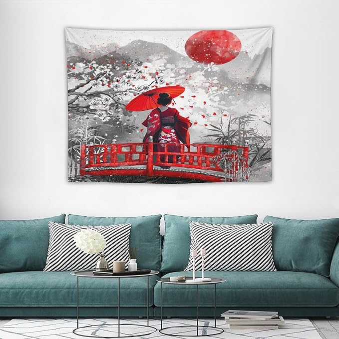 Japanese Red Geisha Tapestry Asian Cherry Blossom Red Sun Traditional Kimono Folk Tapestries Home Decor for Living Room Bedroom Apartment Farmhouse Dorm 40"x30"-Ruum Studio Home