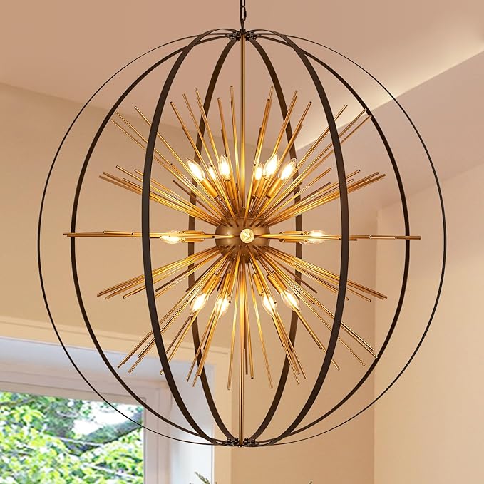43.3" Black Gold 18-Light Globe Sputnik Chandelier Modern Adjustable Hanging Ceiling Firework Pendant Light Fixture for Entryway Foyer Stairway Kitchen Dining Living Room Hallway-Ruum Studio Home