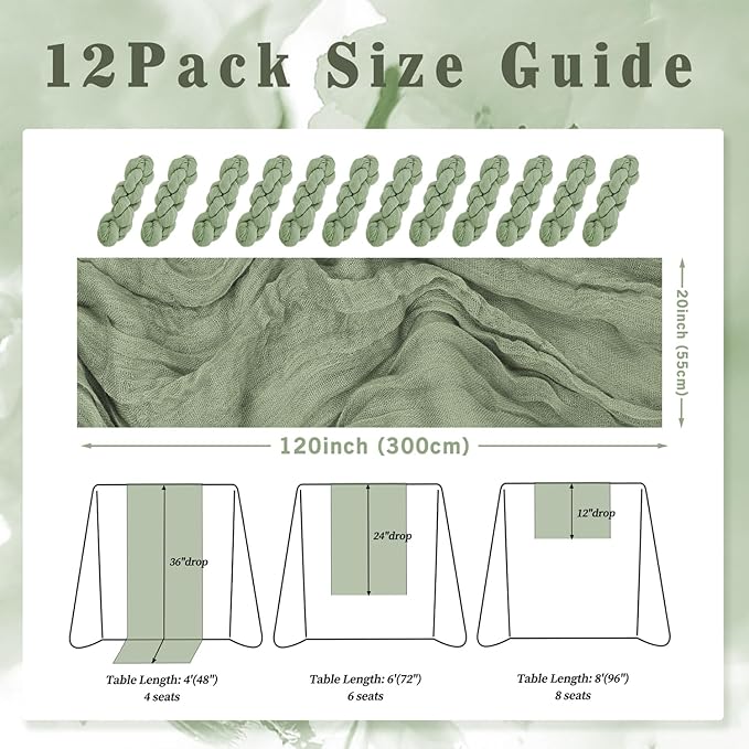 12 Pack Sage Green Cheesecloth Table Runner 10FT Rustic Gauze Fabric Cheese Cloth Table Runner for Wedding Bridal Baby Shower Table Decor 20 x 120 Inch Long Boho Sheer Birthday Party Table Decorations-Ruum Studio Home