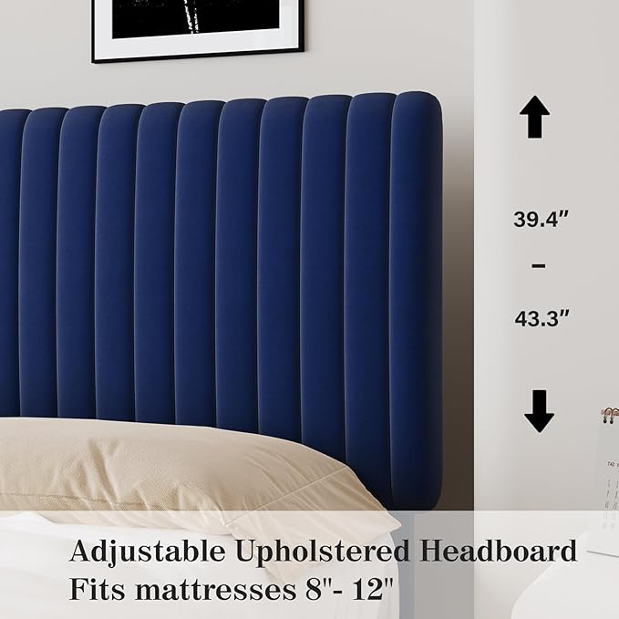 Full Size Bed Frame, Velvet Upholstered Platform Bed with Vertical Channel Tufted Headboard and Footboard, No Box Spring Required, Easy Assembly, Blue-Ruum Studio Home