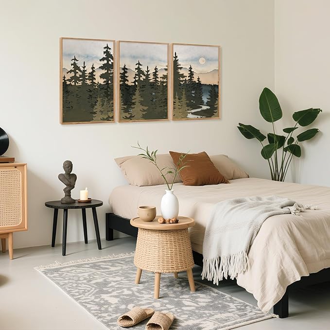 HPNIUB Vintage Mountain Framed Canvas Wall Art Set, Boho Sunrise Art Prints, Forest Nature Wilderness Art Paintings, Abstract Farmhouse Pine Tree Wall Decor for Living Room Bedroom, Office- 16"x24"x3-Ruum Studio Home