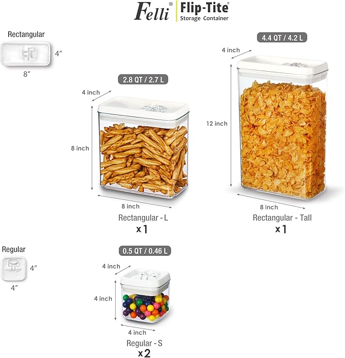 Felli Flip Tite Storage Container with Lid 4" RECTANGULAR Air Tight Ring Flip Top, Stackable Acrylic Canister for Kitchen Counter Pantry, Cereal Granola Pasta Spice, Gift Set for Women (4pk, Variety)-Ruum Studio Home
