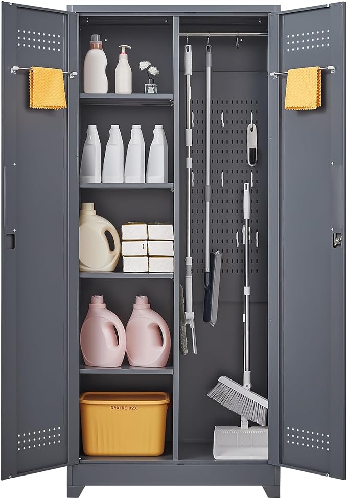 Lockable Storage Cabinet,Utility Closet with Doors and Shelves,SteelGarage Cabinet with Adjustable Shelves for Home,Garage,Gray-Ruum Studio Home