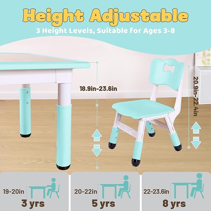 FUNLIO Kids Table and 4 Chairs Set, Height Adjustable Toddler Table and Chair Set for Ages 3-8, Easy to Wipe Arts & Crafts Table, for Classrooms/Daycares/Homes, CPC & CE Approved (5-Piece Set) - Green-Ruum Studio Home