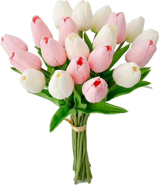 Mandy's Artificial Tulips 20 Stems White and Light Pink PU Faux Flowers for Wedding Home Decor 13.5 Inch-Ruum Studio Home