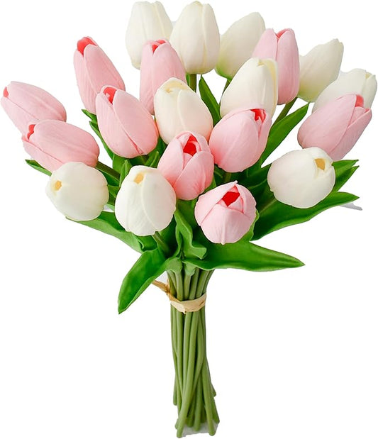 Mandy's Artificial Tulips 20 Stems White and Light Pink PU Faux Flowers for Wedding Home Decor 13.5 Inch-Ruum Studio Home