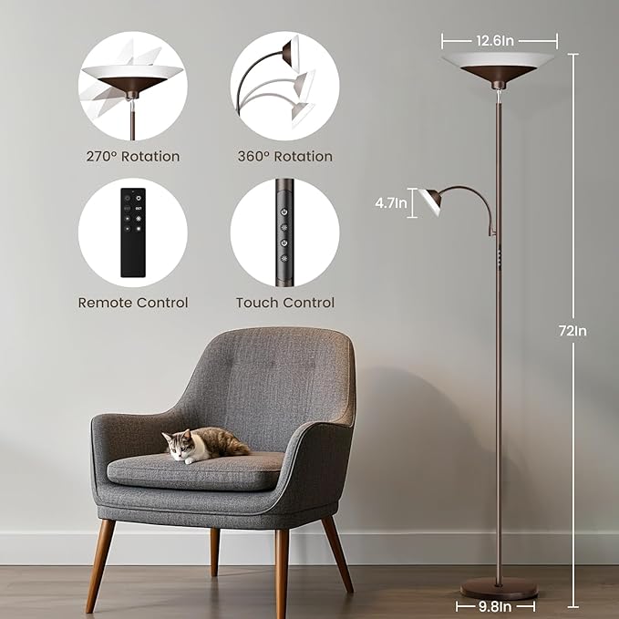 Brown Torchiere LED Floor Lamp - 72" Rotating Standing Lamp with Remote, 34W Dimmable Floor Light with Color Changing, Tall Bright Corner Lamp for Reading Living Room Bedroom Office-Ruum Studio Home