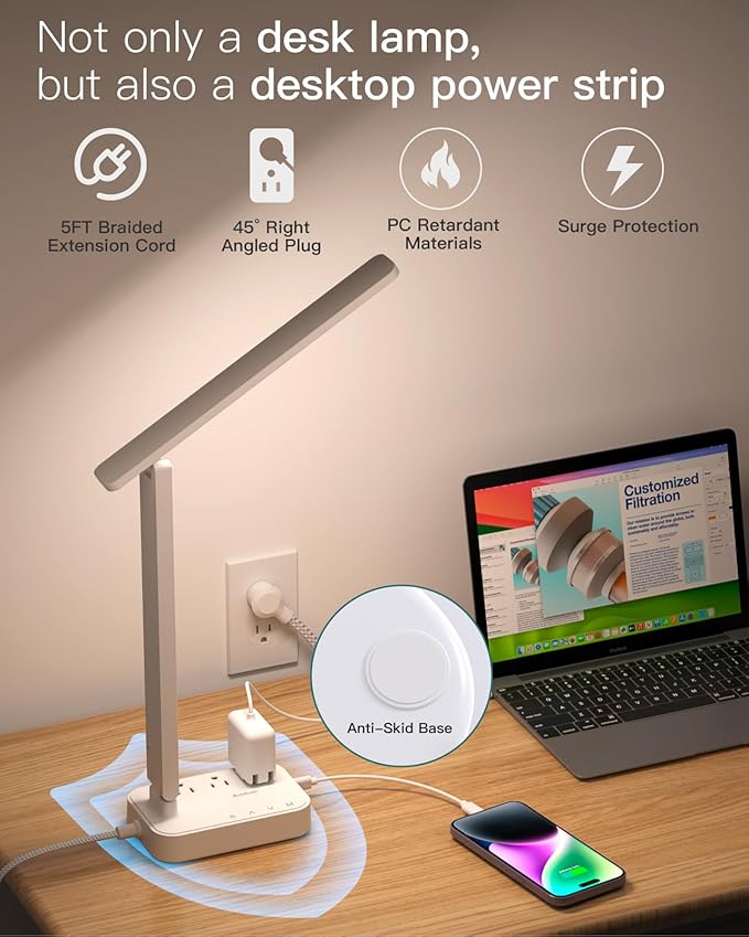 Addtam LED Desk Lamp, Power Strip with 3 Outlets 4 USB Charging Ports(2 USBC), 4 Modes 5 Level Brightness Touch Lamp, Small Desk Lamp for Home Office College Dorm Room Essentials, White-Ruum Studio Home