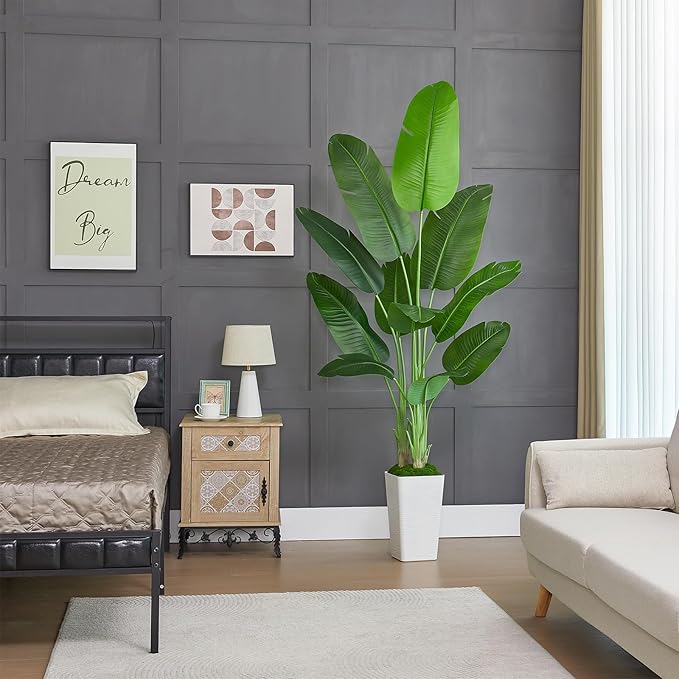 Fake Bird of Paradise Silk Artificial Plant Faux Banana Leaf Tree for Home Decor Indoor Floor Plant with 10 Trunks (1, Black Planter, 6 FT)-Ruum Studio Home
