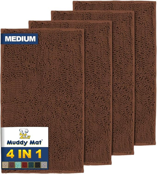Muddy Mat® 4-Piece Brown Medium 30"X19" AS-SEEN-ON-TV Highly Absorbent Microfiber Door Mat, Bath Mat and Pet Rug, Non Slip Thick Washable Soft Chenille for Kitchen Bathroom Bedroom Indoor and Outdoor-Ruum Studio Home