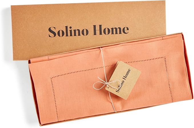 Solino Home Linen Table Runner 90 Inches Long - 100% Pure Linen Coral Table Runner 14 x 90 Inch - Classic Hemstitch-Ruum Studio Home