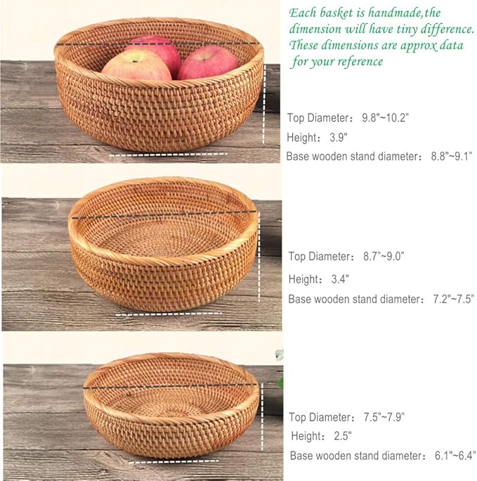 3 Pack Hadewoven Round Rattan Fruit Basket Wicker Food Tray Weaving Storage Holder Dinning Room Bowl, 10 Inch Small Wicker Basket Serving Tray Woven Basket for Bread,Snack,Brown(3-Size Kit)-Ruum Studio Home