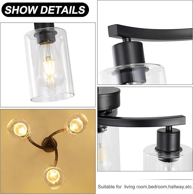 3-Light Modern Farmhouse Black Pendant Lights Kitchen Island, Adjustable Height Contemporary Chandeliers for Dining Room Light Fixture Hanging, Clear Glass Shade-Ruum Studio Home