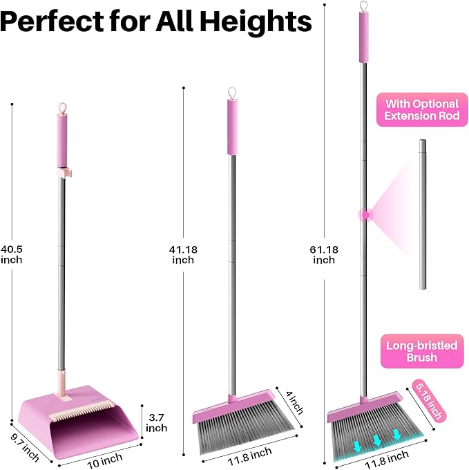 JOYMOOP Pink Broom and Dustpan Set, Upright Angle with Built-in Comb Teeth for Kitchen, Lobby, Pet Hair and Hard Floors-Ruum Studio Home