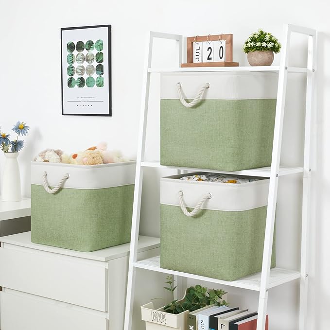 Bidtakay Cubby Storage Bins Set of 3 Fabric Baskets for Shelves Closet Drawer Organizer Storage Cubes 13x13 Collapsible Organization Baskets for Nursery Toy Shelf (White&green)-Ruum Studio Home