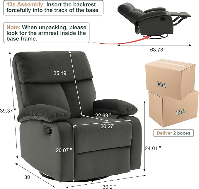 Swivel Rocker Recliner for Adults, Rocking Small Recliner Chair for Small Spaces, Glider-Nursery Rocking Chair for Living Room, RV, Nursery, Bedroom, Grey-Ruum Studio Home
