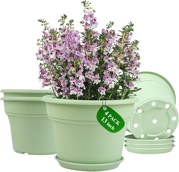 13 Inch Plastic-Flower-Pot-for-Indoor-Plants, 4 Pack Large Outdoor Planter Pot with Drainage Holes & Saucers, Resin Decorative Garden Pots Planters-Ruum Studio Home