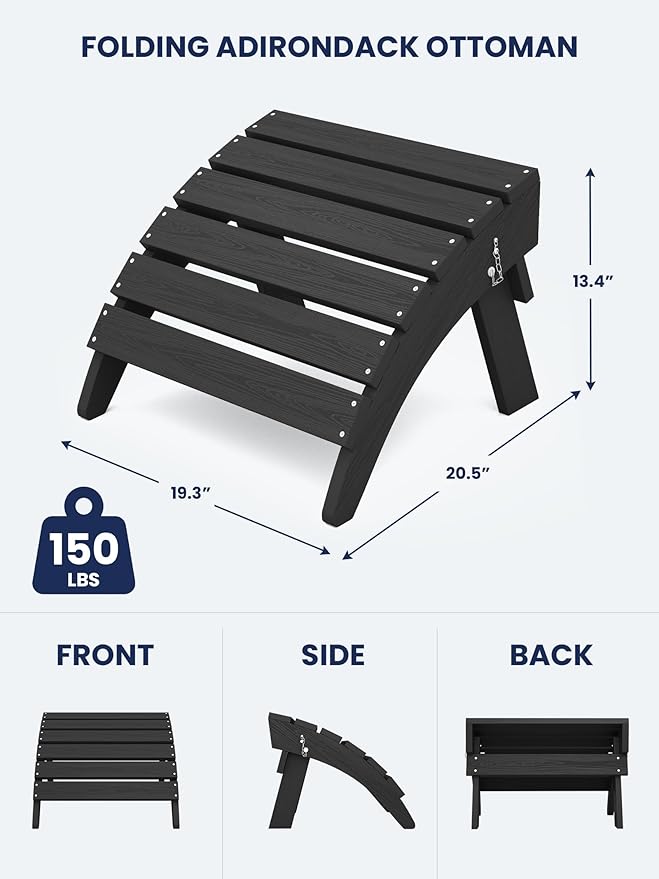 KINGYES Folding Adirondack Ottomans Set of 2 for Adirondack Chair, Black-Ruum Studio Home