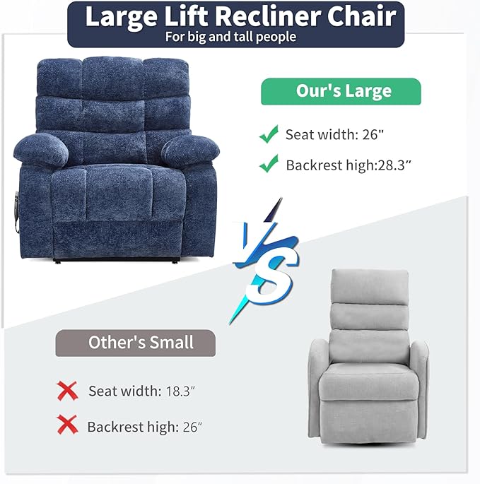 Lay Flat Recliner with Vibration Massage and Lumbar Heating, 26'' Wide Recliner Chair with Infinite Position and 2 Remote Controls, Soft Chenille Lift Recliner for Living Room, Blue-Ruum Studio Home