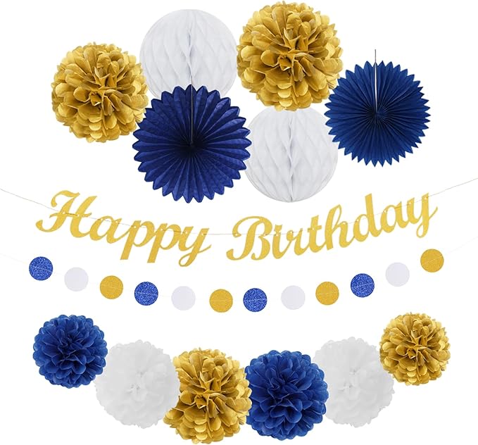 Navy-Blue Gold Birthday Party-Decorations Paper-Flowers - 14pcs Happy Banner Royal Lanterns Tissue Pom Poms,Men Streamers Garland Fans Honeycomb,Teen Boys Male Kids Hanging Supplies Decor Hugfond-Ruum Studio Home