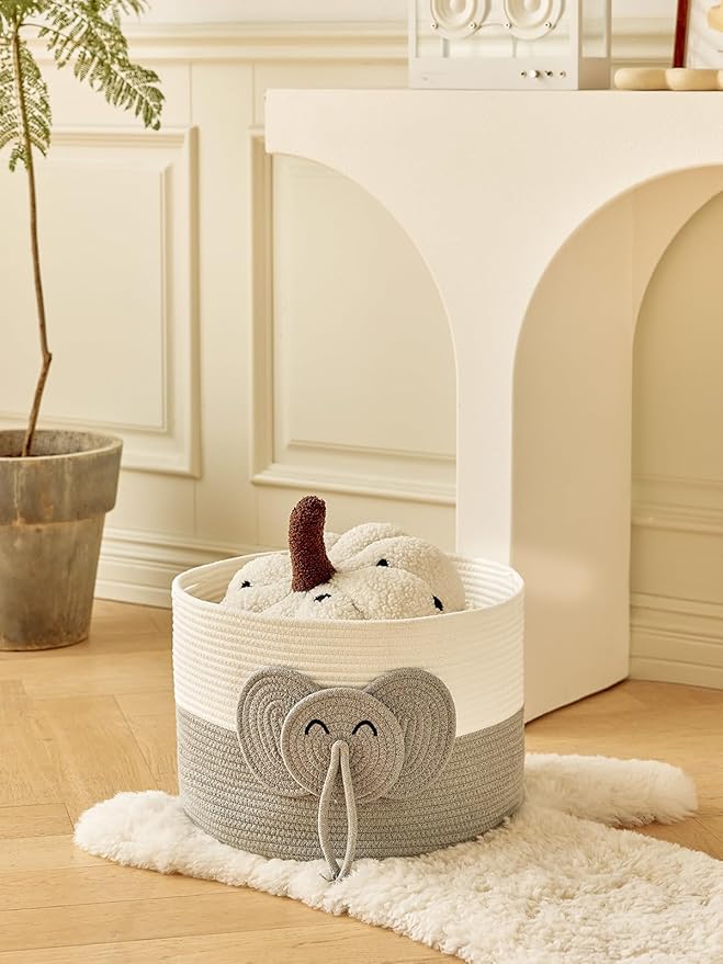 Large Baby Cute Storage Basket for Organizing -Elephant White & Grey 15""x15""x11"", 2024282319065-Ruum Studio Home