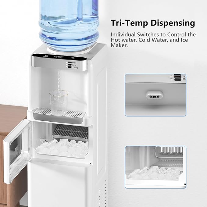 Water Dispenser with Ice Maker Function, Top Loading Hot and Cold Water Cooler for 5 Gallon Bottle - Includes Child Safety Lock - Water Machine for Home, Office, Garage - White-Ruum Studio Home