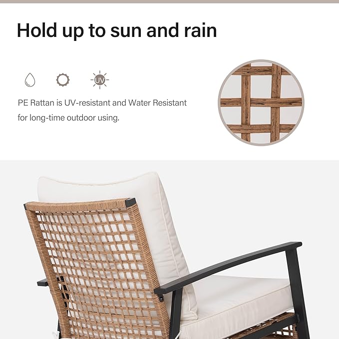 LAUSAINT HOME 3-Piece Rocking Bistro Set, Outdoor Patio Furniture with Thick Cushions and 2-Tier Coffee Table, Oversize Rattan Conversation Set for Garden, Balcony, Backyard (Beige)-Ruum Studio Home