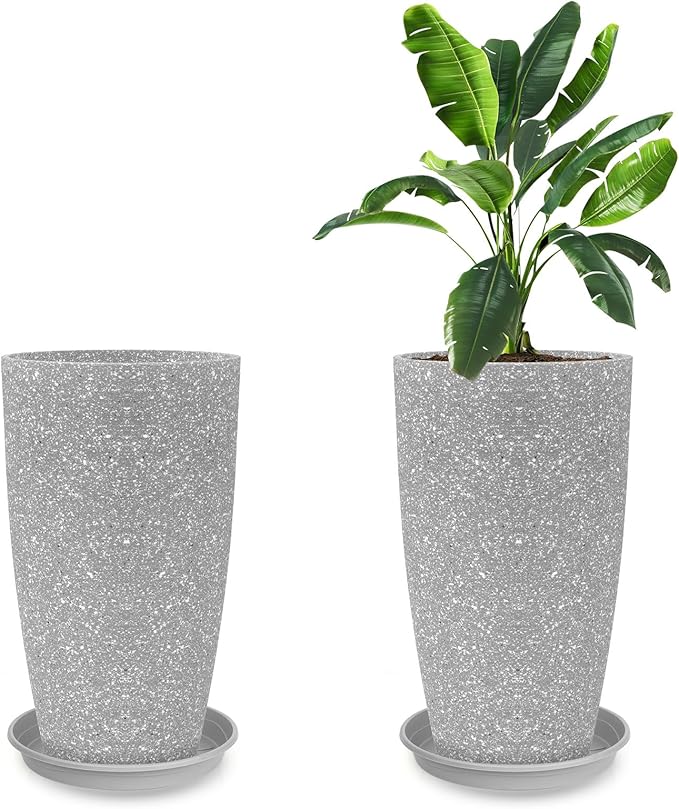 Tall Flower Pot Indoor - Outdoor Plant Pot - Gray Rough Planter - Elegant Stone Imitation - 12" Diameter 21" Tall with Drainage Holes and Saucer-Ruum Studio Home