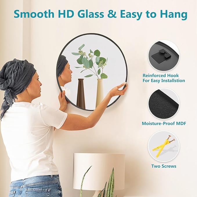 Fabuday Black Round Mirror for Wall 24 inch - Circle Mirror for Bathroom, Entryway, Living Room, Hallway, Vanity Decor, Big Matte Metal Frame Mirror-Ruum Studio Home