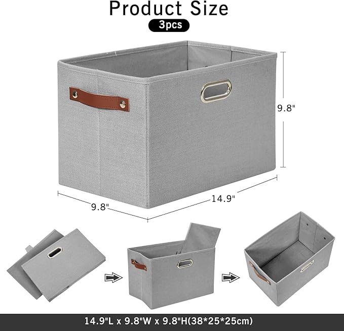Large 3-Pack Foldable Fabric Storage Bins with Durable PU & Metal Handles, Collapsible Storage Baskets for Shelves, Home Storage, Closet Organizers, Living Room(14.9"x9.8"x9.8", Grey)-Ruum Studio Home