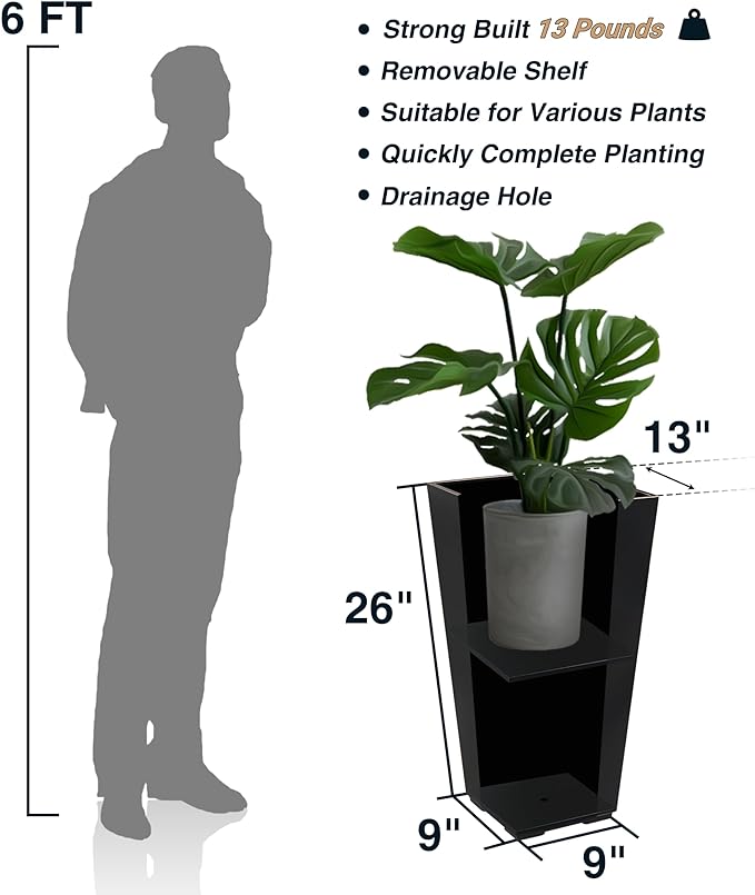 26 Inch Planter Tall Tapered Planter for Front Porch, Patio, Deck, Garden Indoor/Outdoor Tree Planters, Set of 4, Black with Copper Hand Brushed Rim-Ruum Studio Home