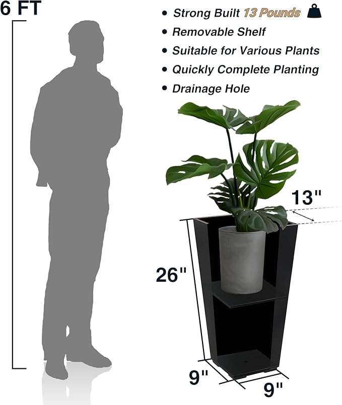 Metallic Taper Planter, 26 Inch Tall Tapered Planter for Front Porch, Patio, Deck, Garden Indoor/Outdoor Tree Planters, Set of 2 Black with Copper Hand Brushed Rim-Ruum Studio Home