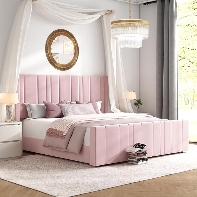 HOMBCK King Size Bed Frame and Headboard, Upholstered Bed with Vertical Channel Tufted Headboard & Footboard, Wooden Slats/Noise Free/No Box Spring Needed/Easy Assembly, Pink-Ruum Studio Home