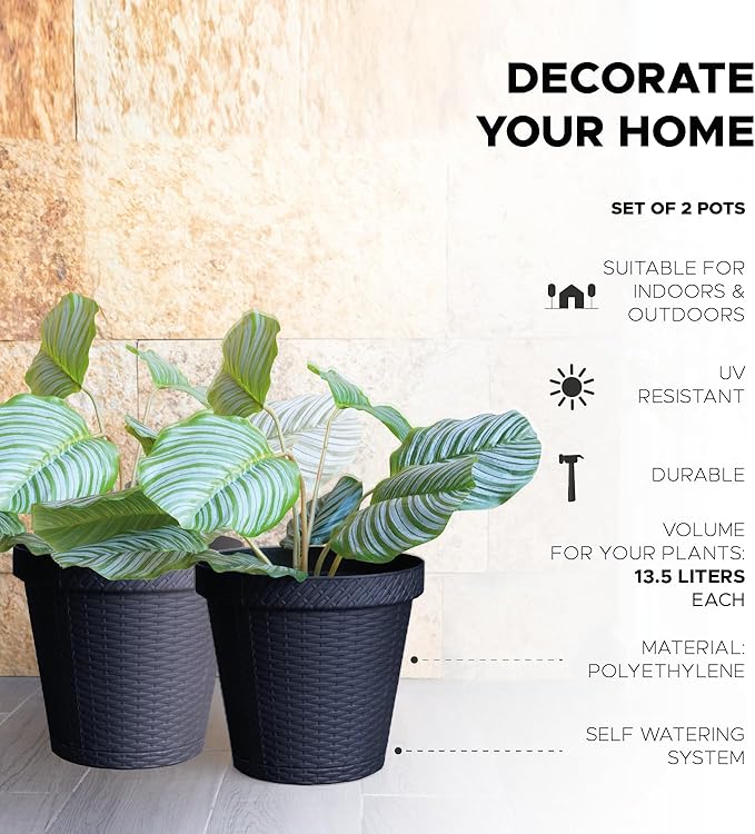 Elly Décor Set of 2 12 inch Round Saucer Modern Self Watering Planter Plates, Pots with Rattan-Like Finish, 12x12 Gray-Ruum Studio Home