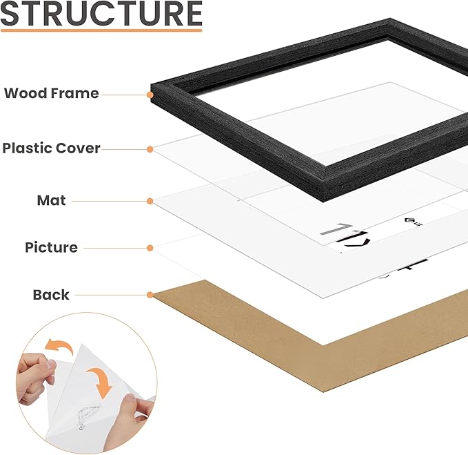 upsimples 11x14 Picture Frame, Natural Solid Wooden Picture Frames, Display 8x10 with Mat or 11 x 14 Without, Vertical or Horizontal Wall Hanging, 1 Pack, Black-Ruum Studio Home