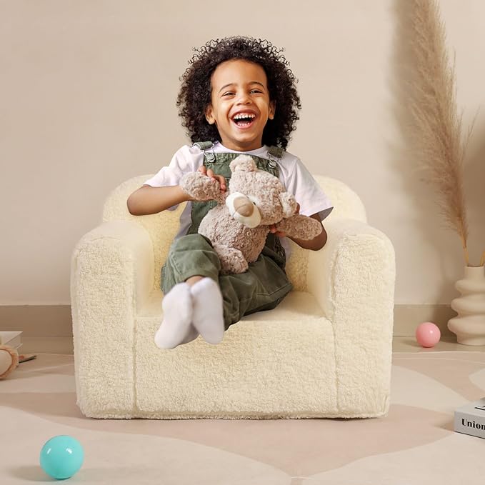Kids Snuggly-Soft Sherpa Chair, Cuddly Toddler Foam Chair for Boys and Girls, Cream-Ruum Studio Home