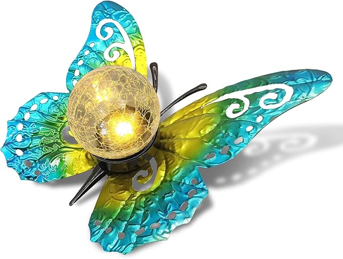 Solar Lights Outdoor Garden Butterfly Decor, Metal Butterfly Statue Decoration with LED Crackle Glass Globe, Solar Powered Lighted Garden Art Decor for Patio Lawn Yard Pathway Tabletop Ground-Ruum Studio Home