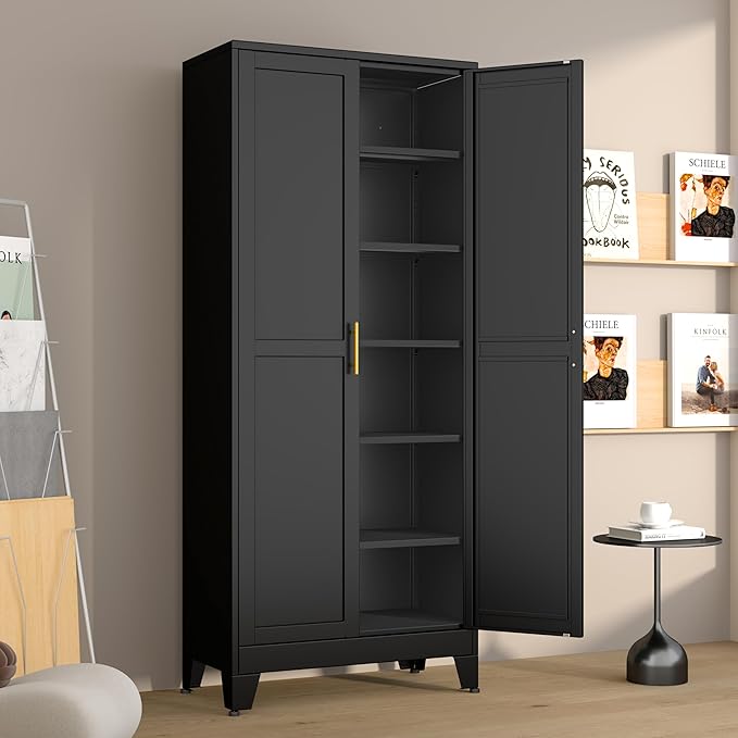 Metal Pantry Cabinet with 2 Doors and 5 Adjustable Shelves, 75" Kitchen Storage cabinets with Gold Handles, Versatile Storage for Laundry Room, Living Room, Bathroom, Dinning Room, Utility Room-Black-Ruum Studio Home